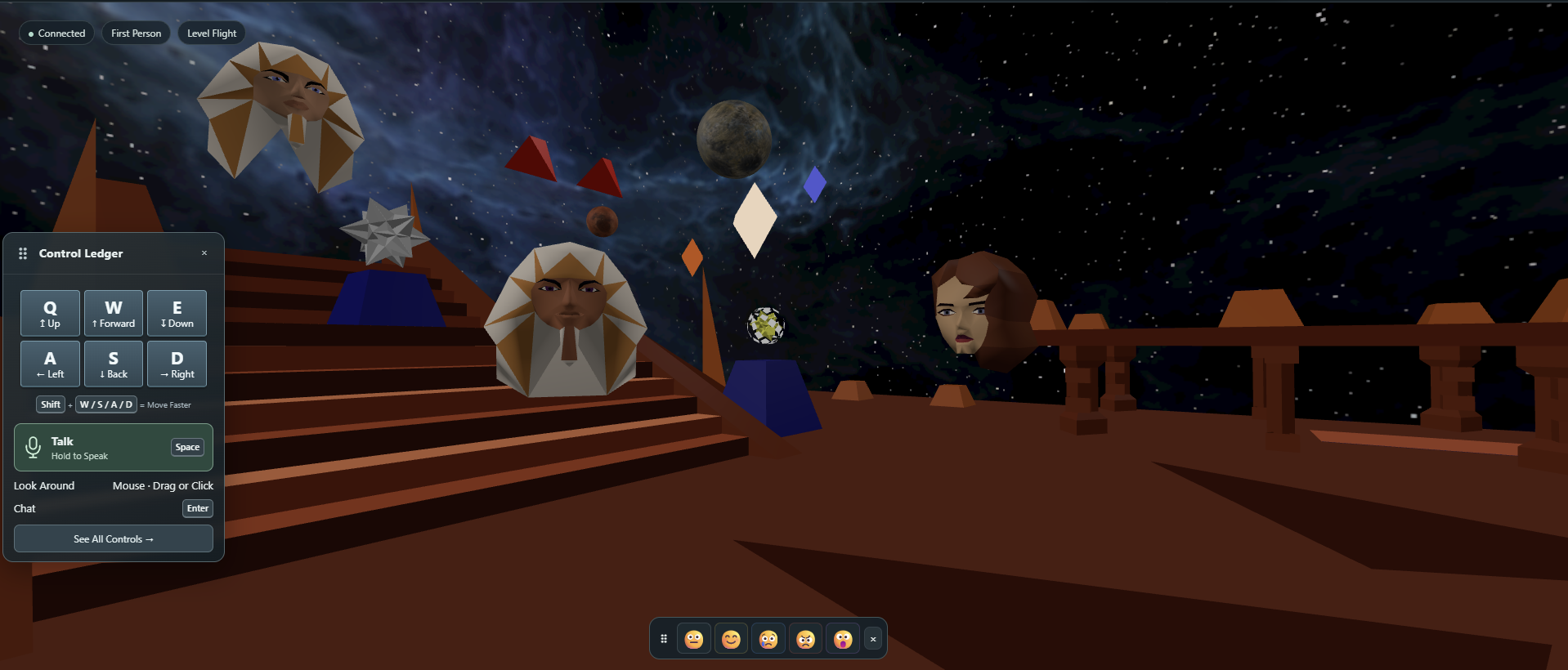 Two avatars together in Entrance, with the browser movement and talk controls visible