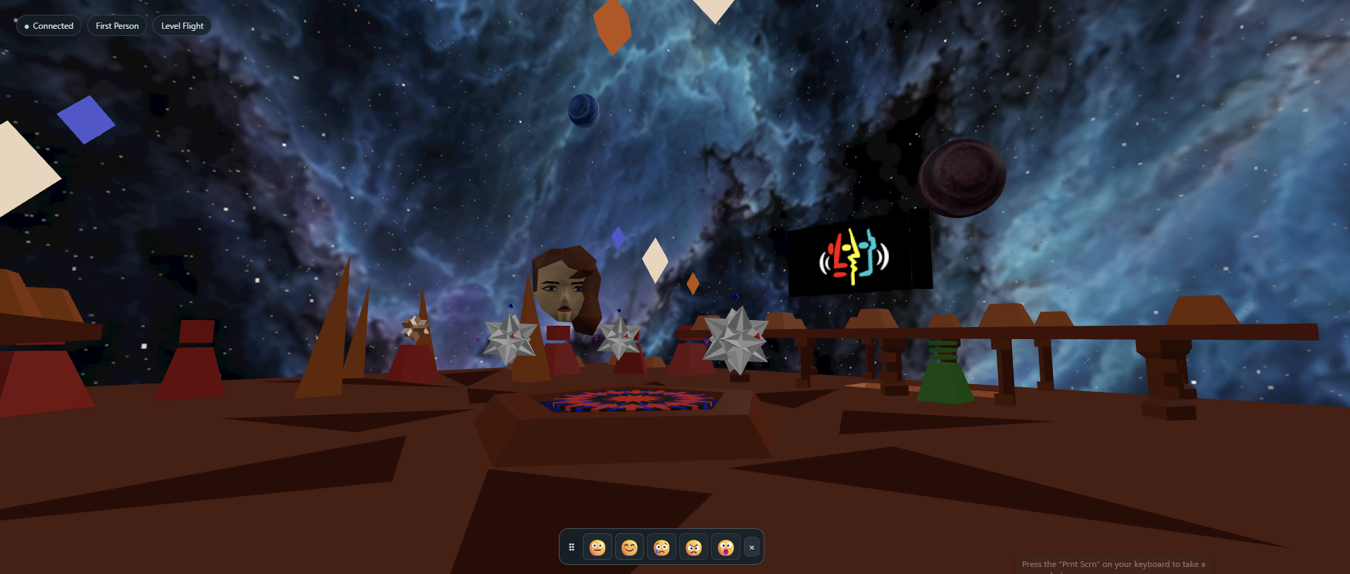 An avatar and sculptural platforms beneath the Entrance world’s star-filled sky